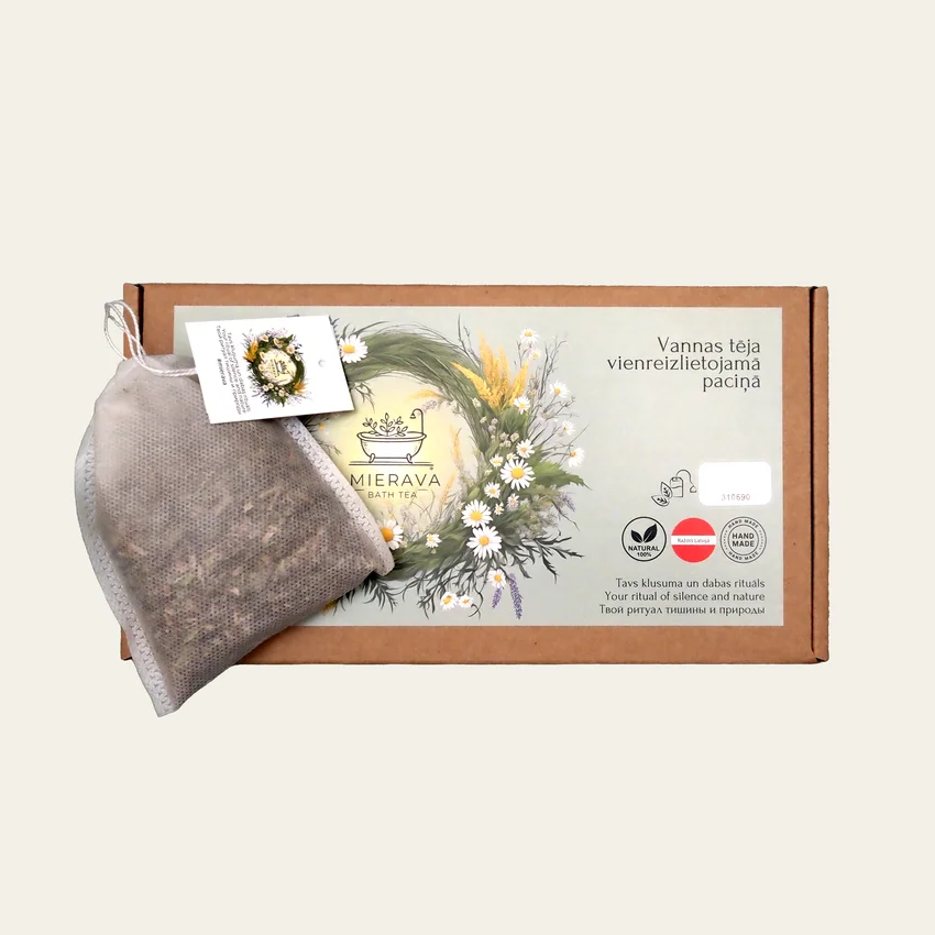 MIERAVA Premium «Лёгкое прикосновение природы» — подарочный набор натуральных травяных чаёв для ванны с ромашкой, мелиссой и подорожником, 6 пакетиков